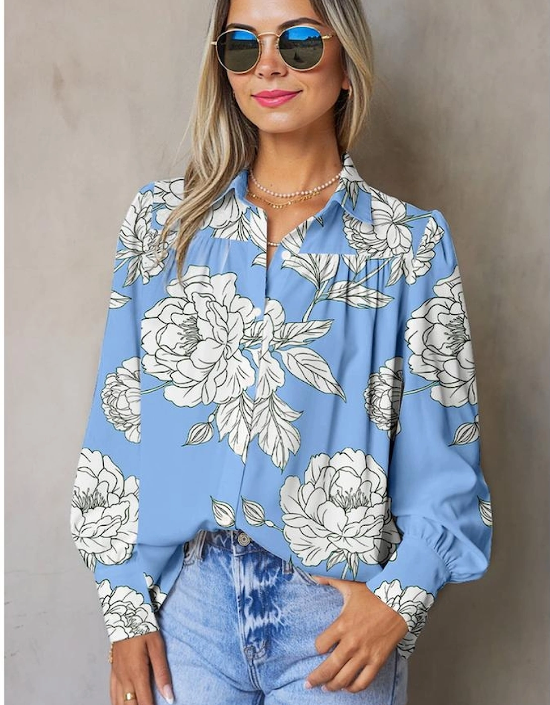 Sky Blue Floral Print Button Up Pleated Detail Puff Sleeve Shirt