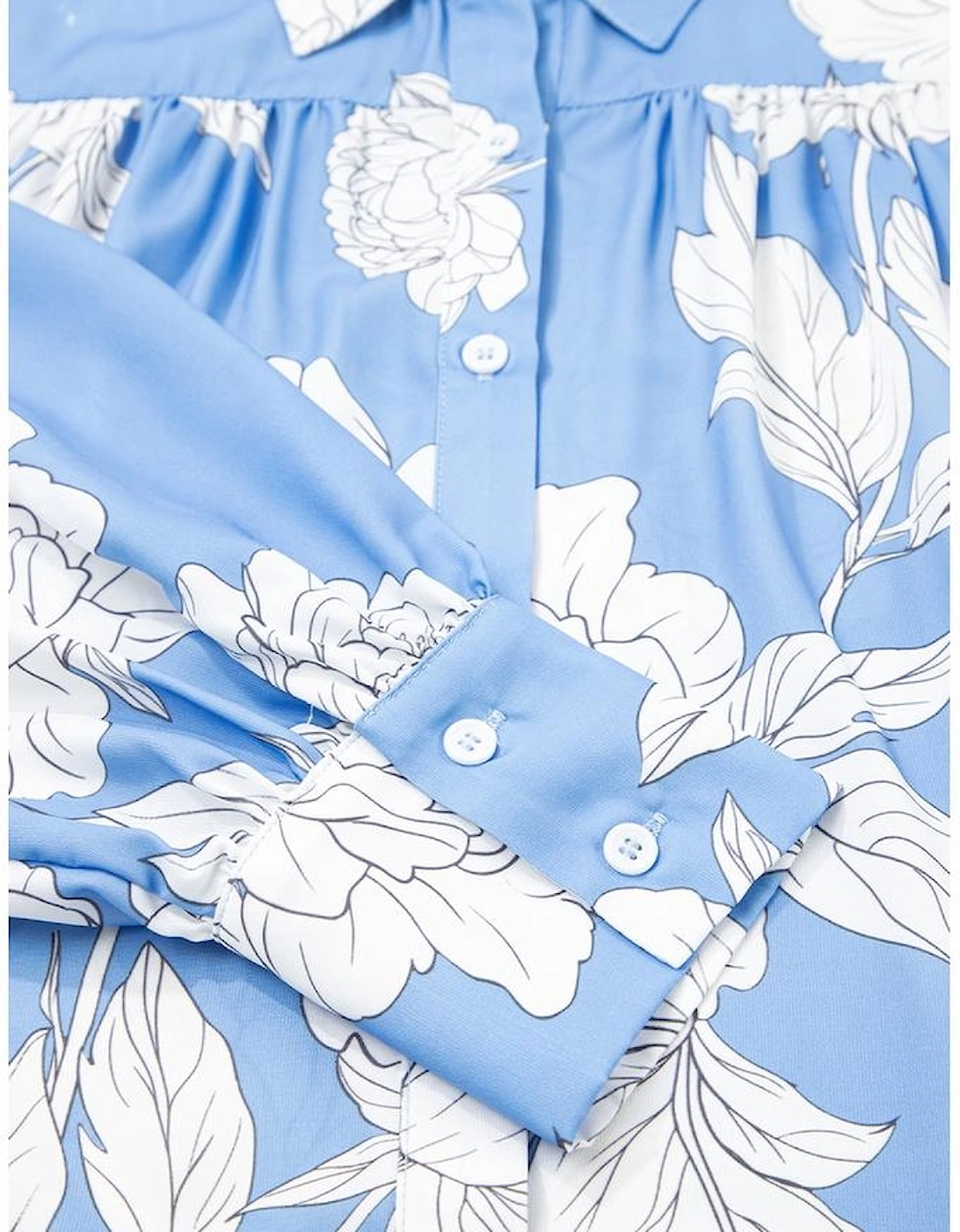 Sky Blue Floral Print Button Up Pleated Detail Puff Sleeve Shirt