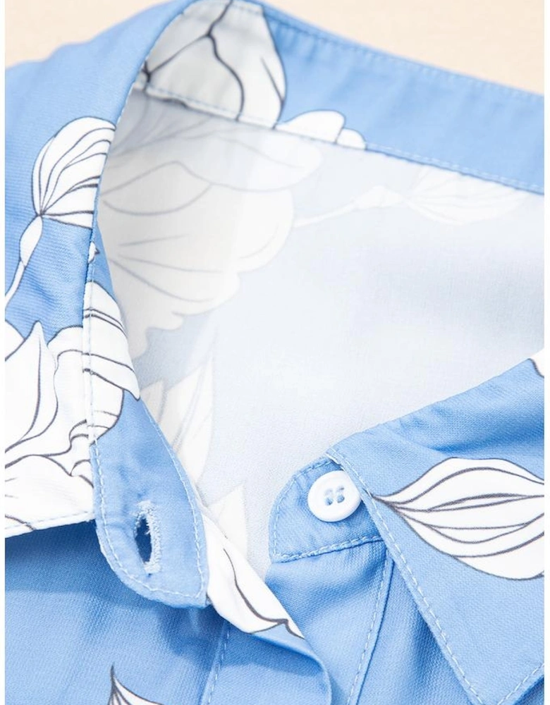 Sky Blue Floral Print Button Up Pleated Detail Puff Sleeve Shirt