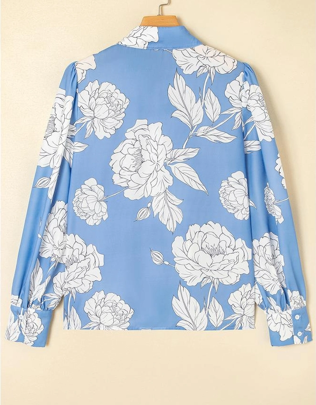Sky Blue Floral Print Button Up Pleated Detail Puff Sleeve Shirt
