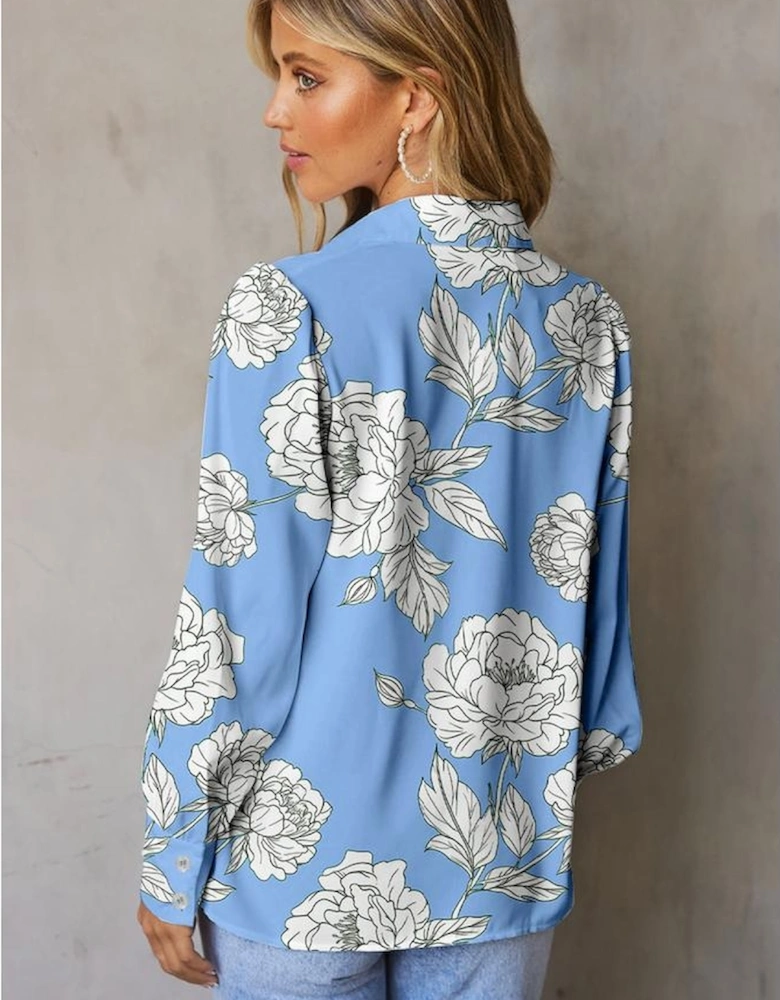 Sky Blue Floral Print Button Up Pleated Detail Puff Sleeve Shirt