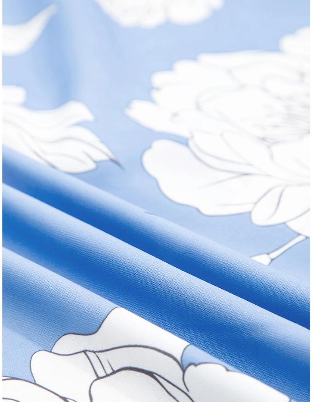 Sky Blue Floral Print Button Up Pleated Detail Puff Sleeve Shirt