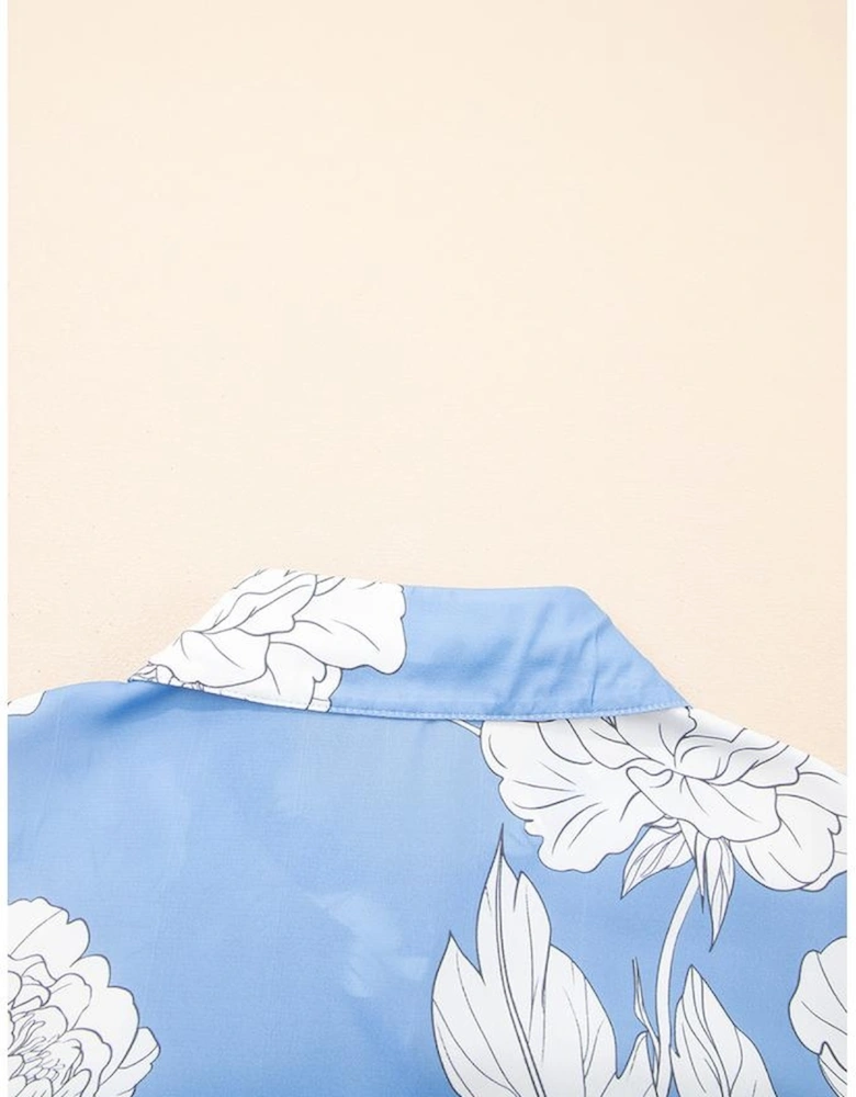 Sky Blue Floral Print Button Up Pleated Detail Puff Sleeve Shirt