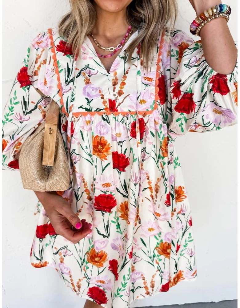 Beige Floral Print 3/4 Puff Sleeve Ricrac Trim Mini Dress