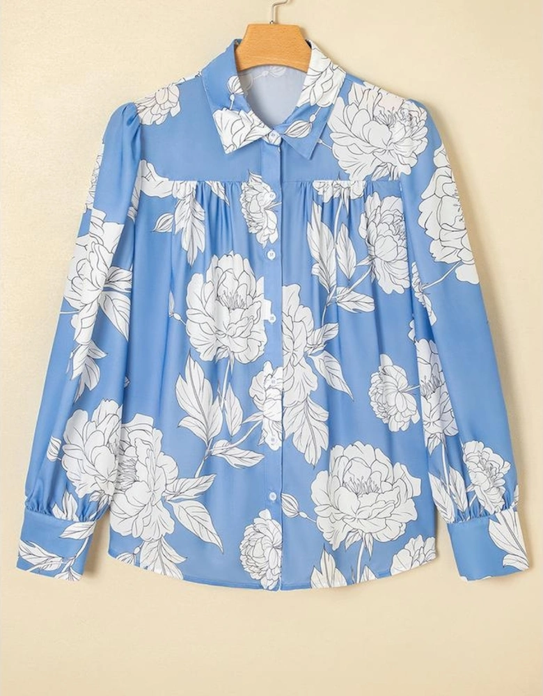 Sky Blue Floral Print Button Up Pleated Detail Puff Sleeve Shirt