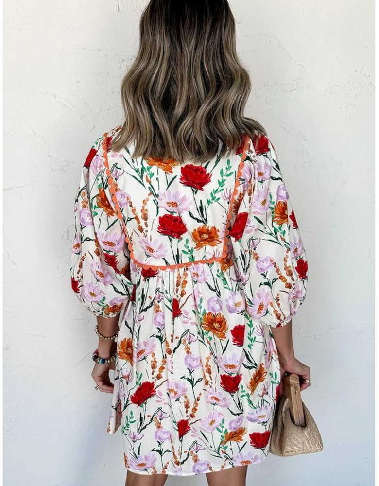 Beige Floral Print 3/4 Puff Sleeve Ricrac Trim Mini Dress