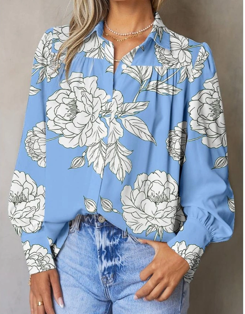 Sky Blue Floral Print Button Up Pleated Detail Puff Sleeve Shirt