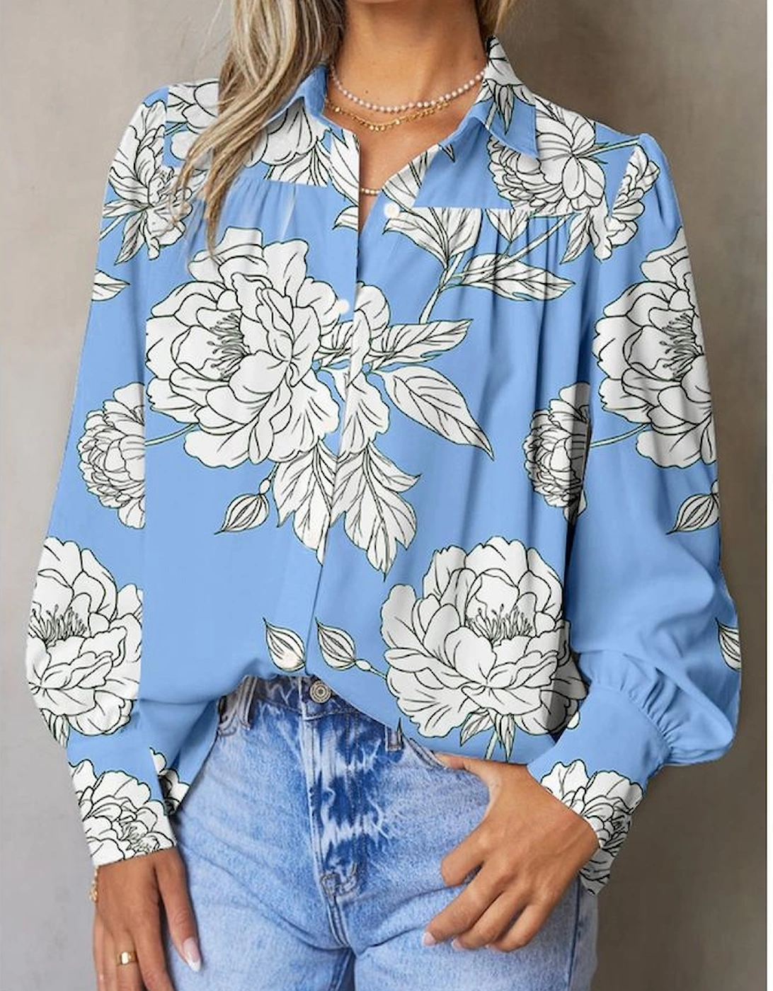 Sky Blue Floral Print Button Up Pleated Detail Puff Sleeve Shirt