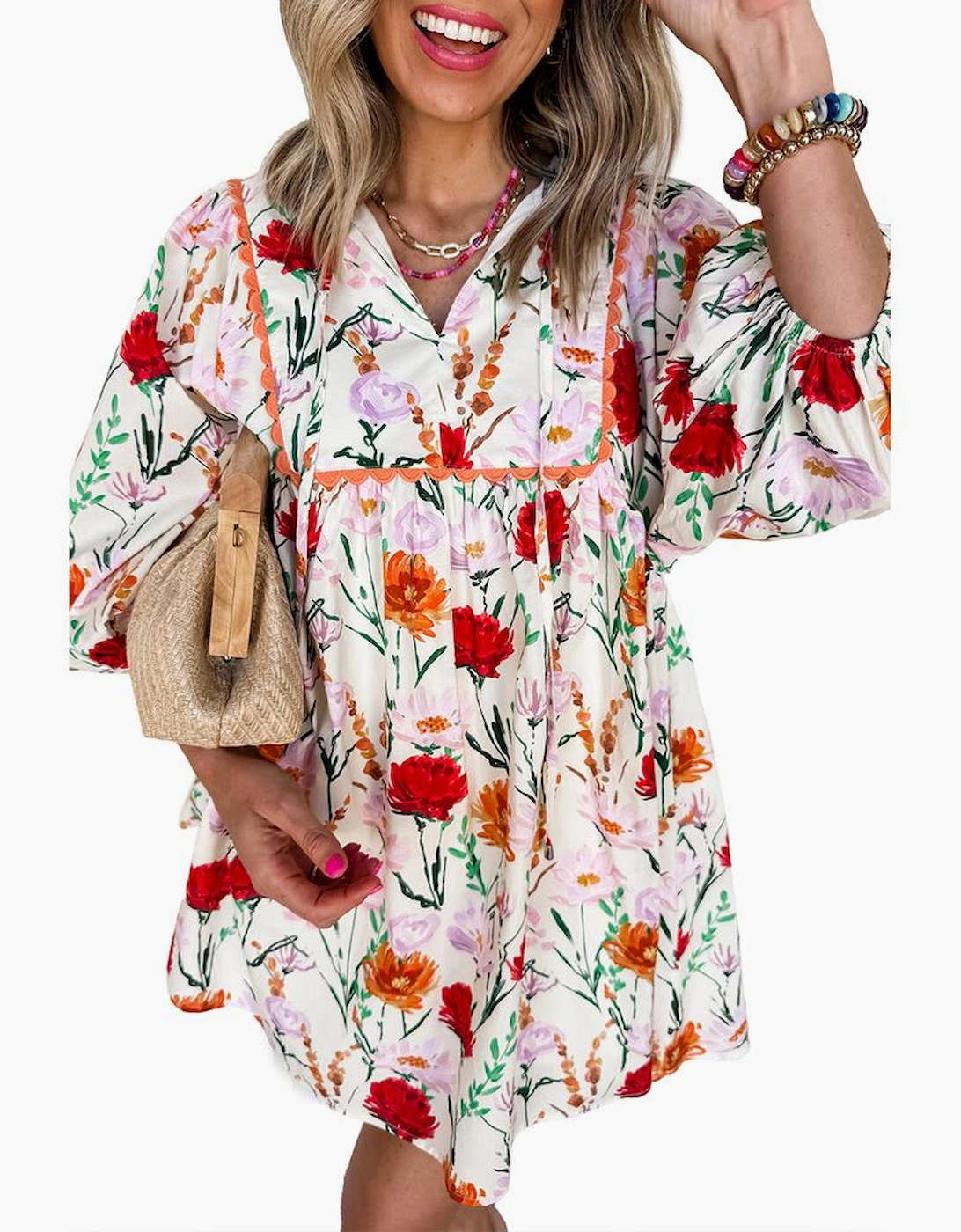 Beige Floral Print 3/4 Puff Sleeve Ricrac Trim Mini Dress