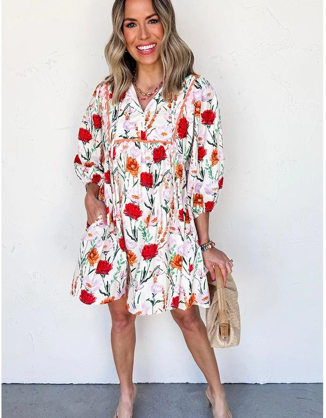 Beige Floral Print 3/4 Puff Sleeve Ricrac Trim Mini Dress