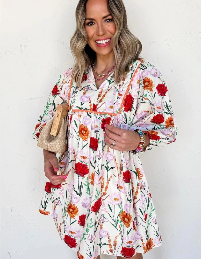 Beige Floral Print 3/4 Puff Sleeve Ricrac Trim Mini Dress