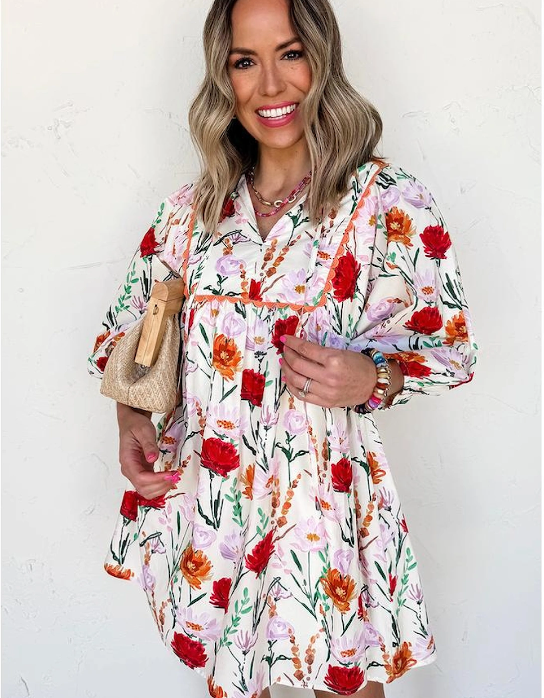 Beige Floral Print 3/4 Puff Sleeve Ricrac Trim Mini Dress