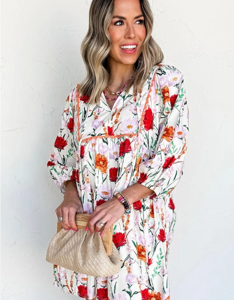 Beige Floral Print 3/4 Puff Sleeve Ricrac Trim Mini Dress