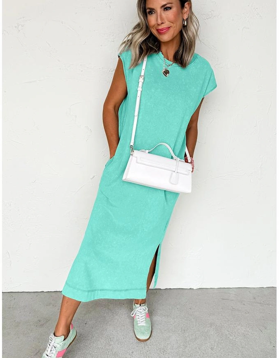 Clearly Aqua Mineral Wash Pocketed T-shirt Long Dress