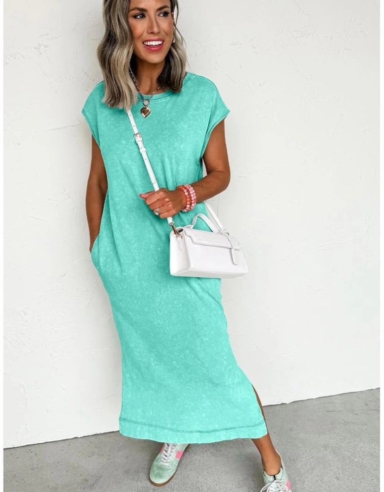 Clearly Aqua Mineral Wash Pocketed T-shirt Long Dress