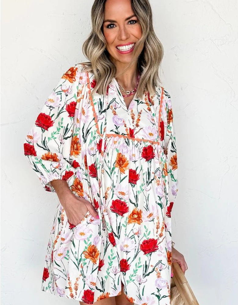 Beige Floral Print 3/4 Puff Sleeve Ricrac Trim Mini Dress