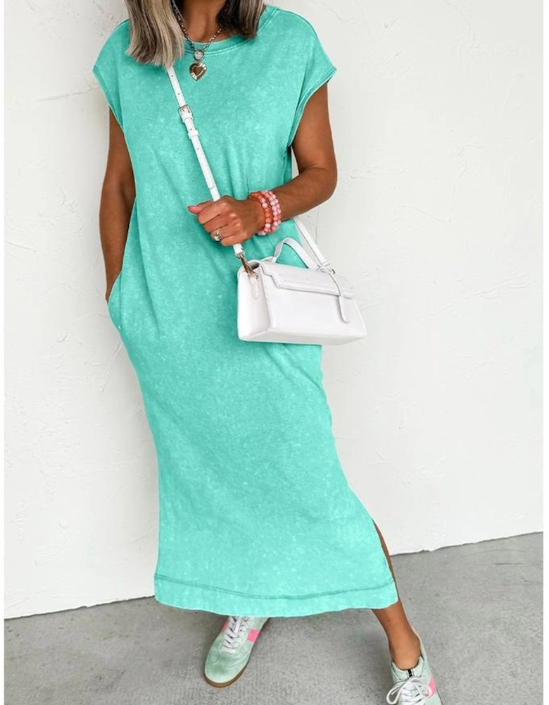 Clearly Aqua Mineral Wash Pocketed T-shirt Long Dress