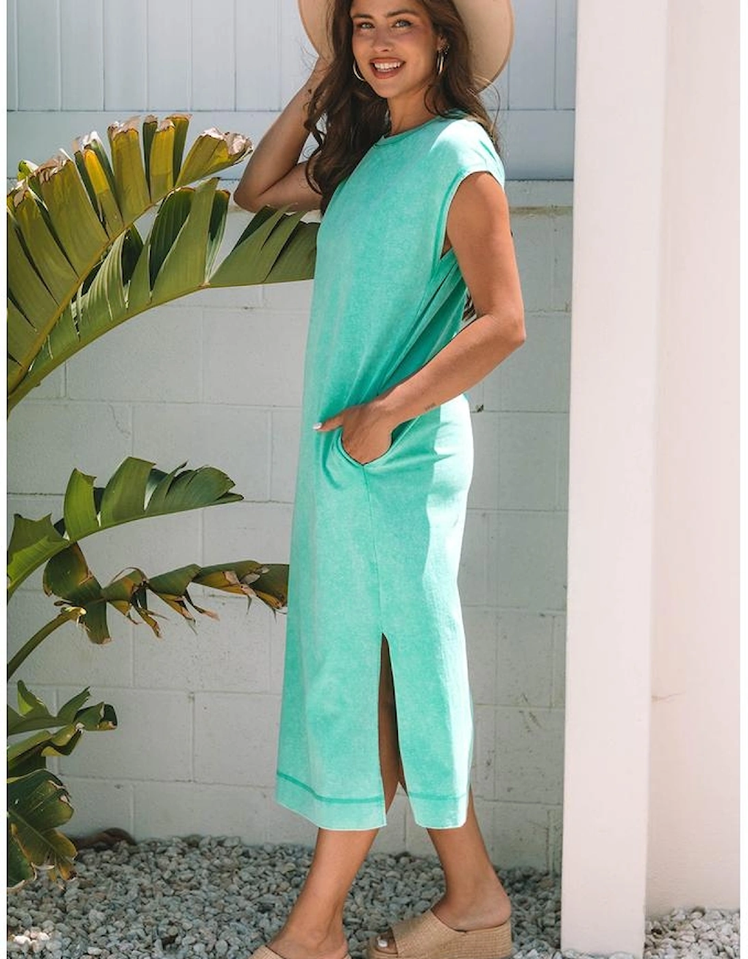 Clearly Aqua Mineral Wash Pocketed T-shirt Long Dress