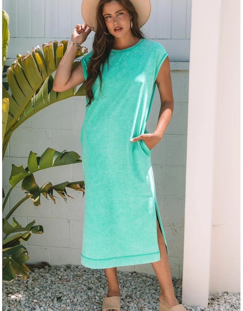 Clearly Aqua Mineral Wash Pocketed T-shirt Long Dress
