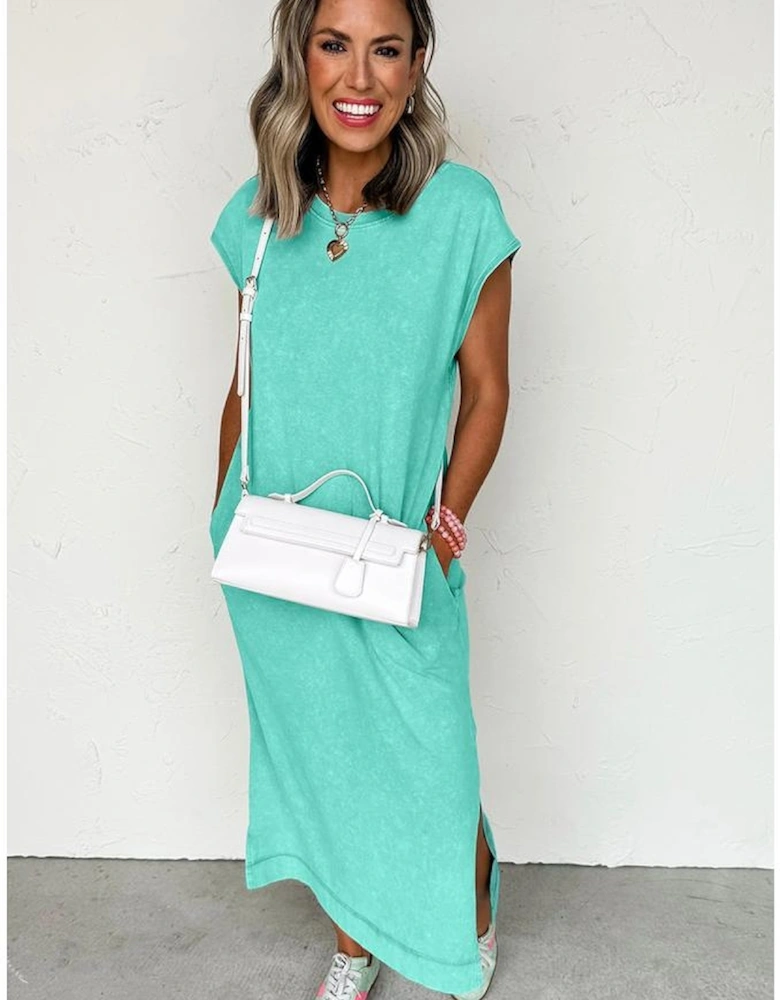 Clearly Aqua Mineral Wash Pocketed T-shirt Long Dress