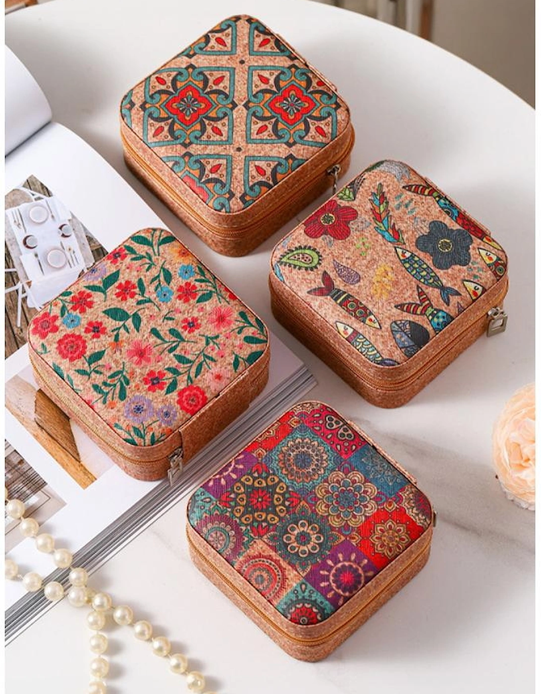 Azura Exchange Camel Retro Floral Print Portable Square Jewelry Box