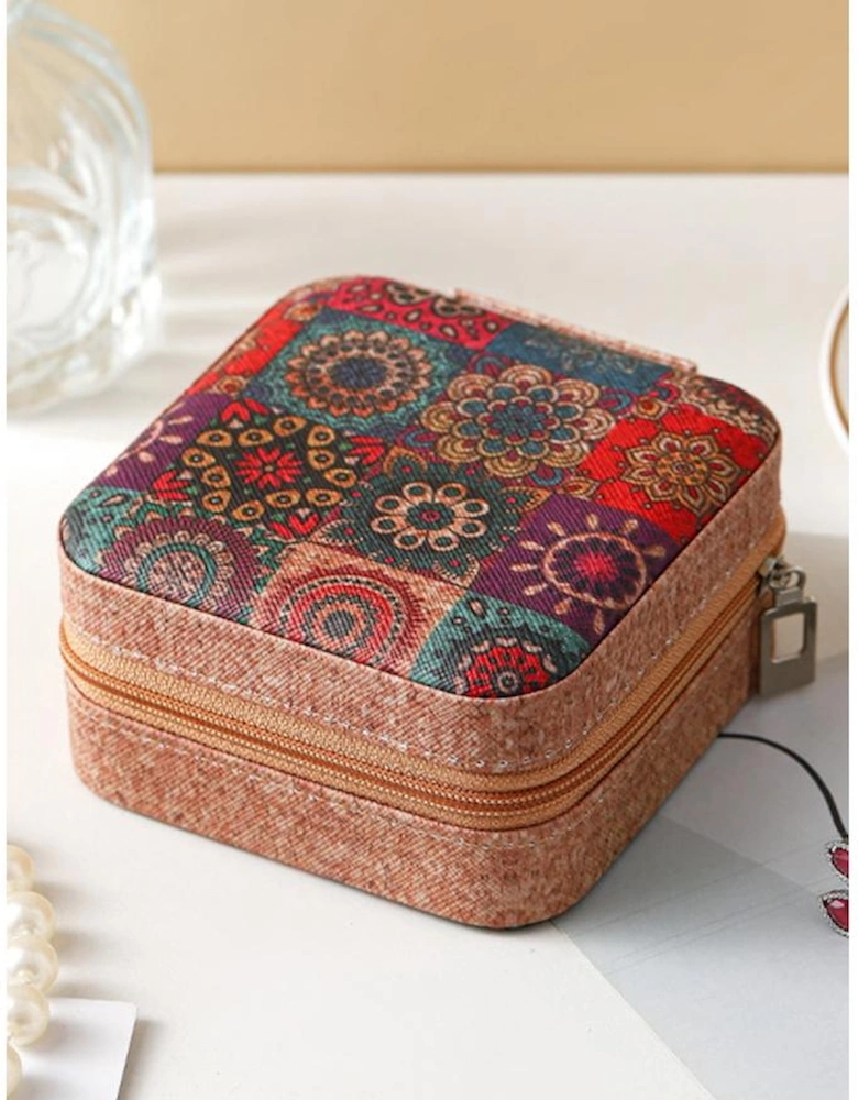 Azura Exchange Light French Beige Retro Floral Print Portable Square Jewelry Box