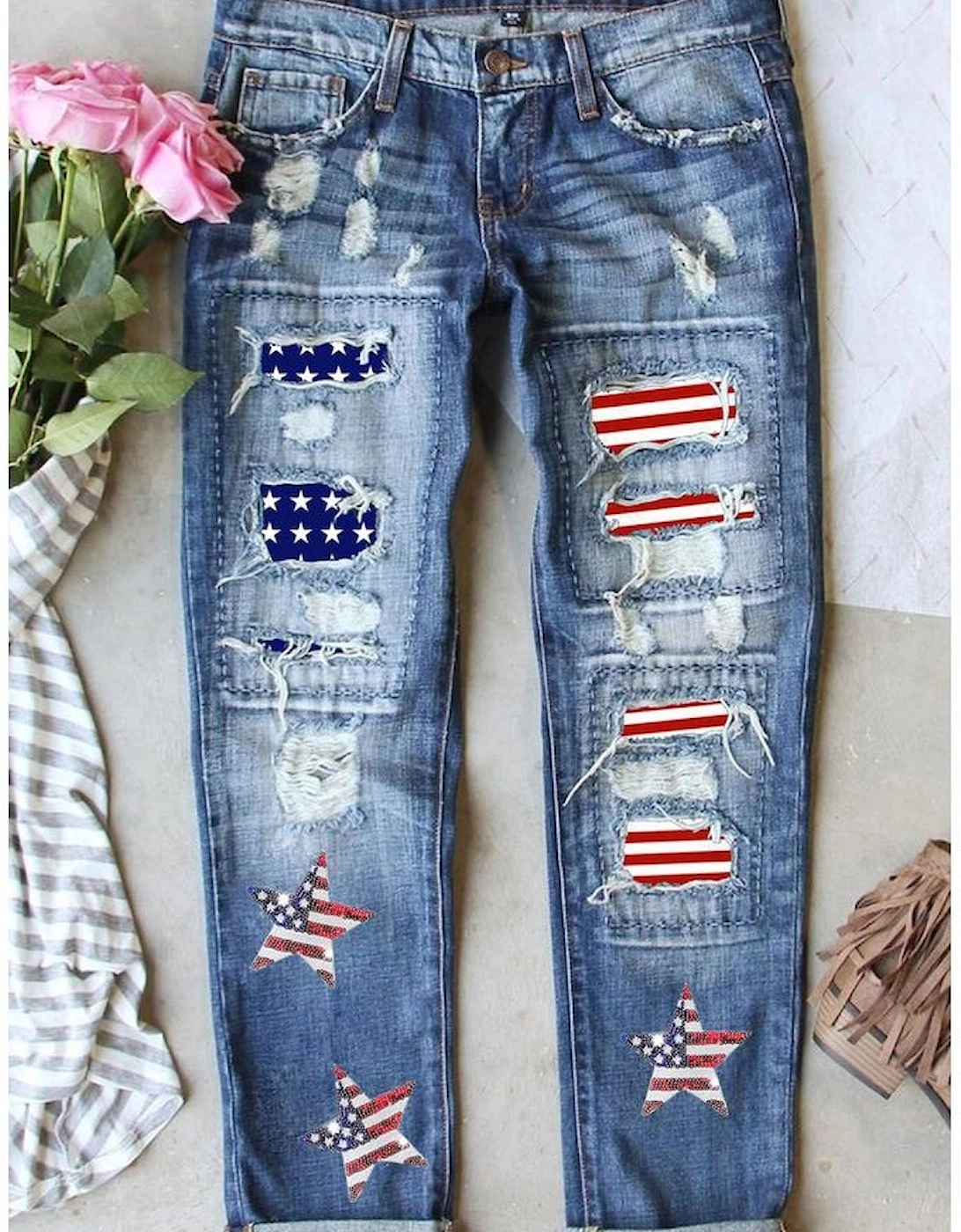 Sky Blue Sequin American Flag Star Graphic Distressed Straight Jeans, 6 of 5