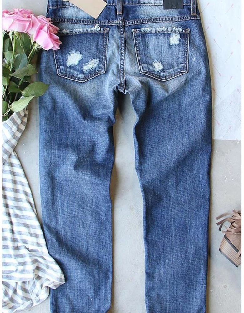 Sky Blue Sequin American Flag Star Graphic Distressed Straight Jeans