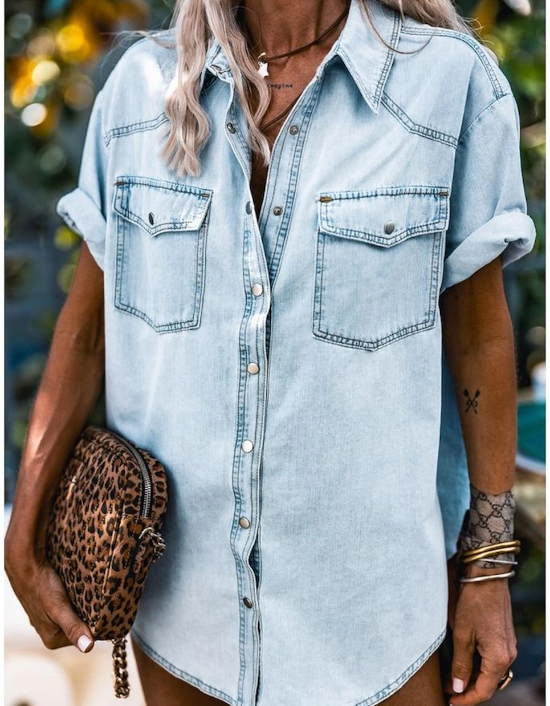 Mist Blue Vintage Light Wash Flap Pockets Rounded Hem Shirt