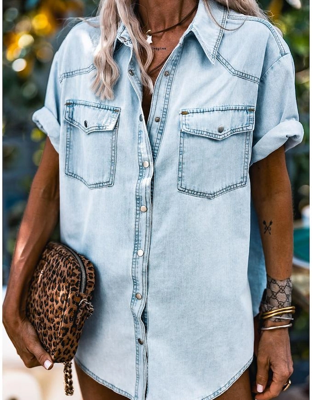 Mist Blue Vintage Light Wash Flap Pockets Rounded Hem Shirt