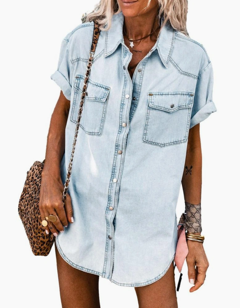 Mist Blue Vintage Light Wash Flap Pockets Rounded Hem Shirt