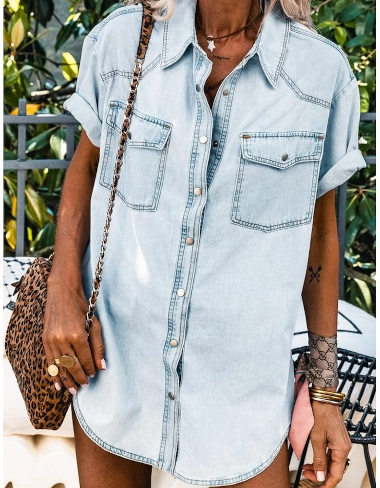 Mist Blue Vintage Light Wash Flap Pockets Rounded Hem Shirt