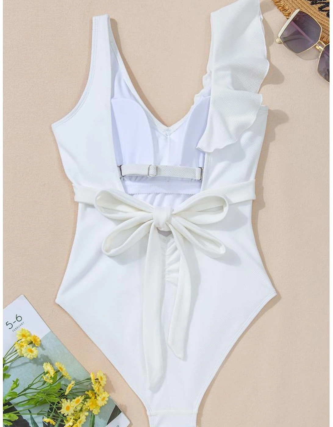 White Asymmetric Ruffle Trim Tie Waist One Piece Swimsuit
