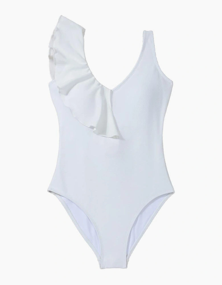 White Asymmetric Ruffle Trim Tie Waist One Piece Swimsuit