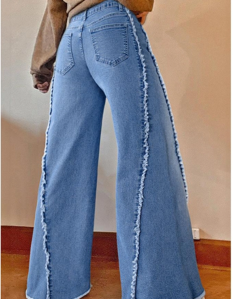 Beau Blue Vintage Stitching Raw Hem Flared Jeans