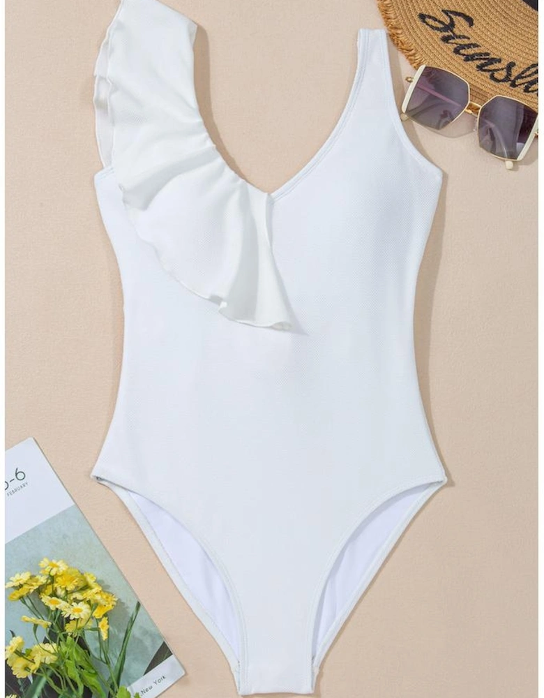 White Asymmetric Ruffle Trim Tie Waist One Piece Swimsuit