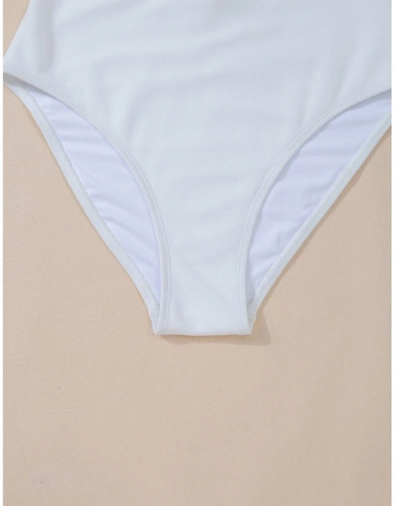 White Asymmetric Ruffle Trim Tie Waist One Piece Swimsuit