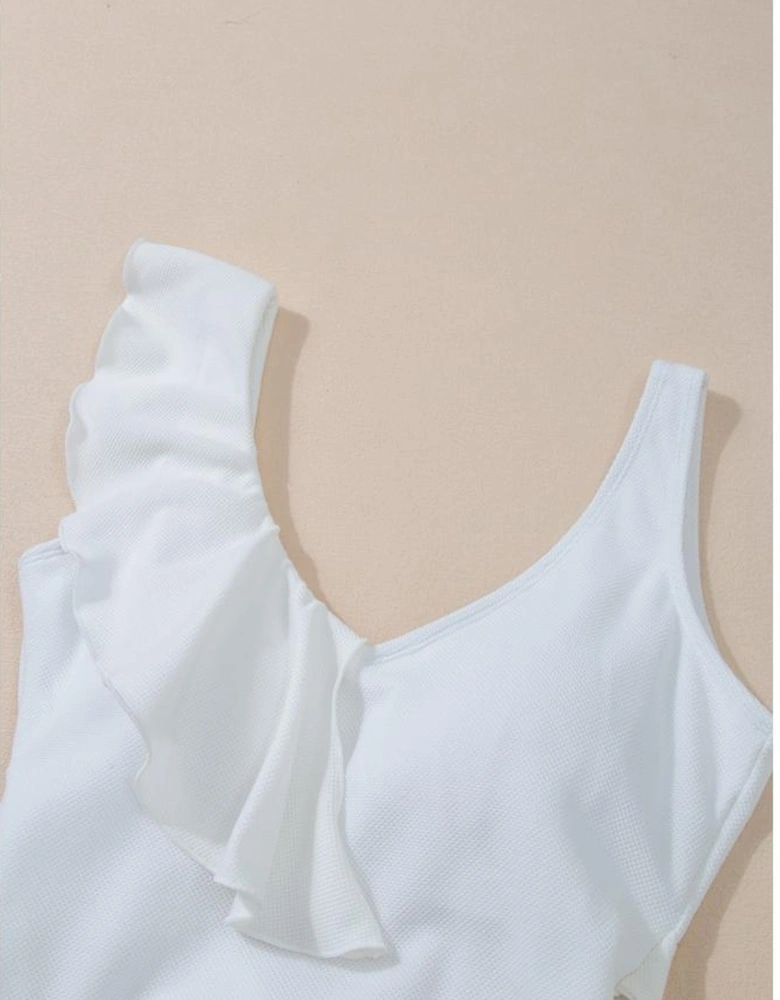 White Asymmetric Ruffle Trim Tie Waist One Piece Swimsuit