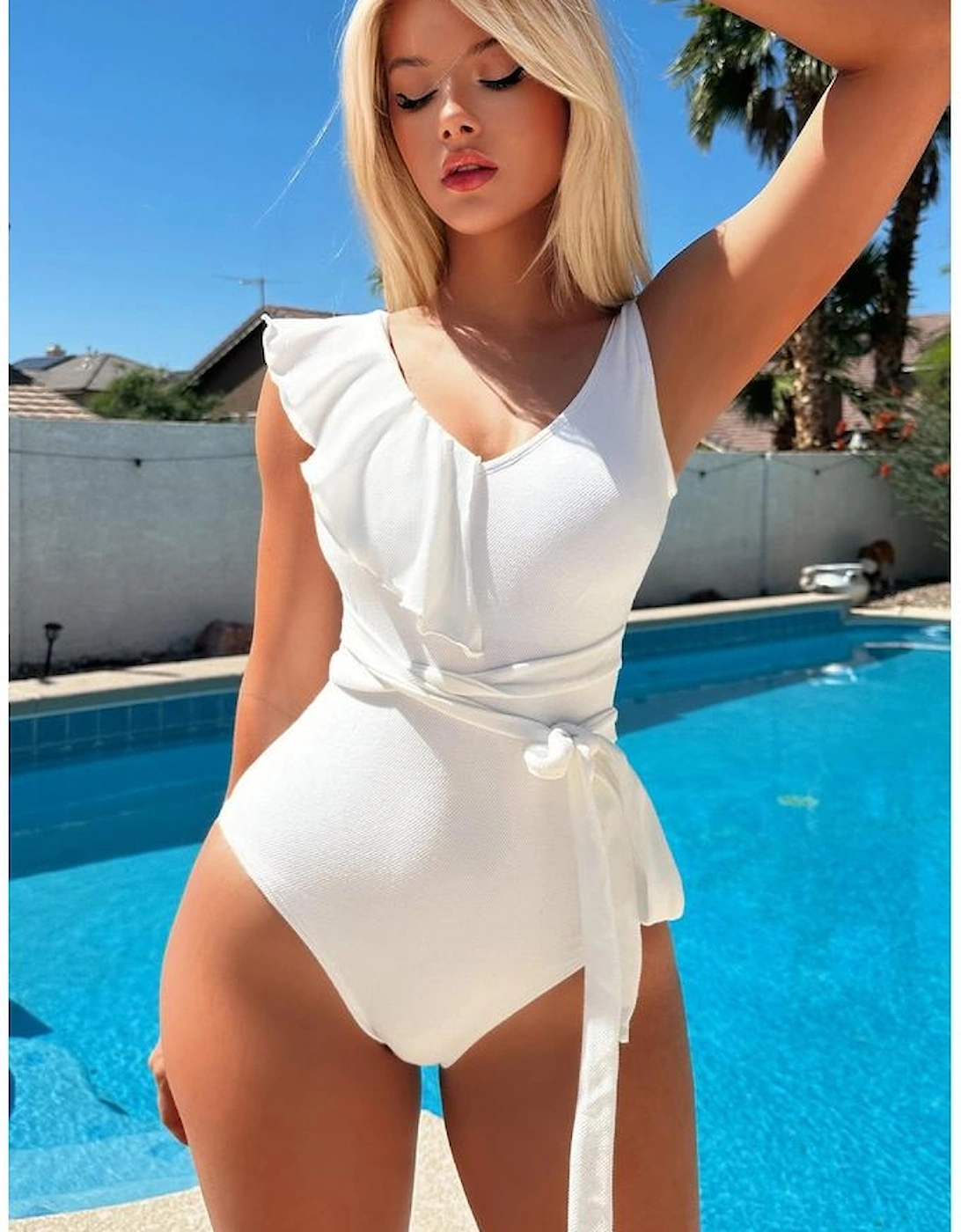 White Asymmetric Ruffle Trim Tie Waist One Piece Swimsuit