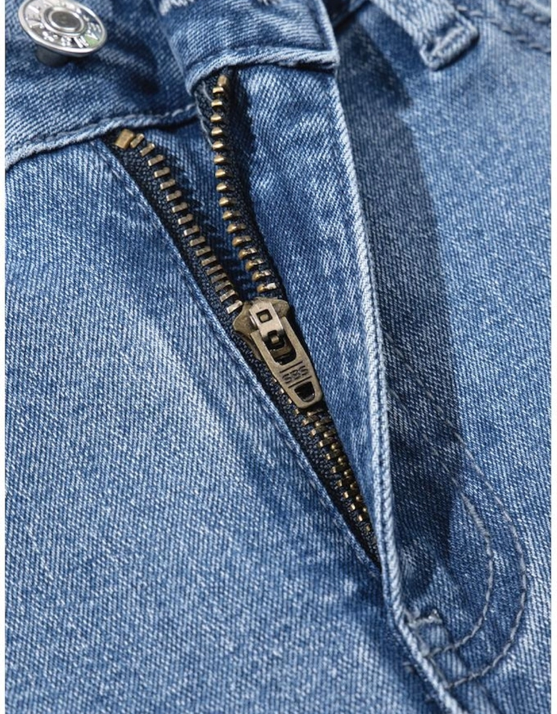 Beau Blue Vintage Stitching Raw Hem Flared Jeans