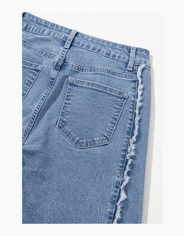 Beau Blue Vintage Stitching Raw Hem Flared Jeans