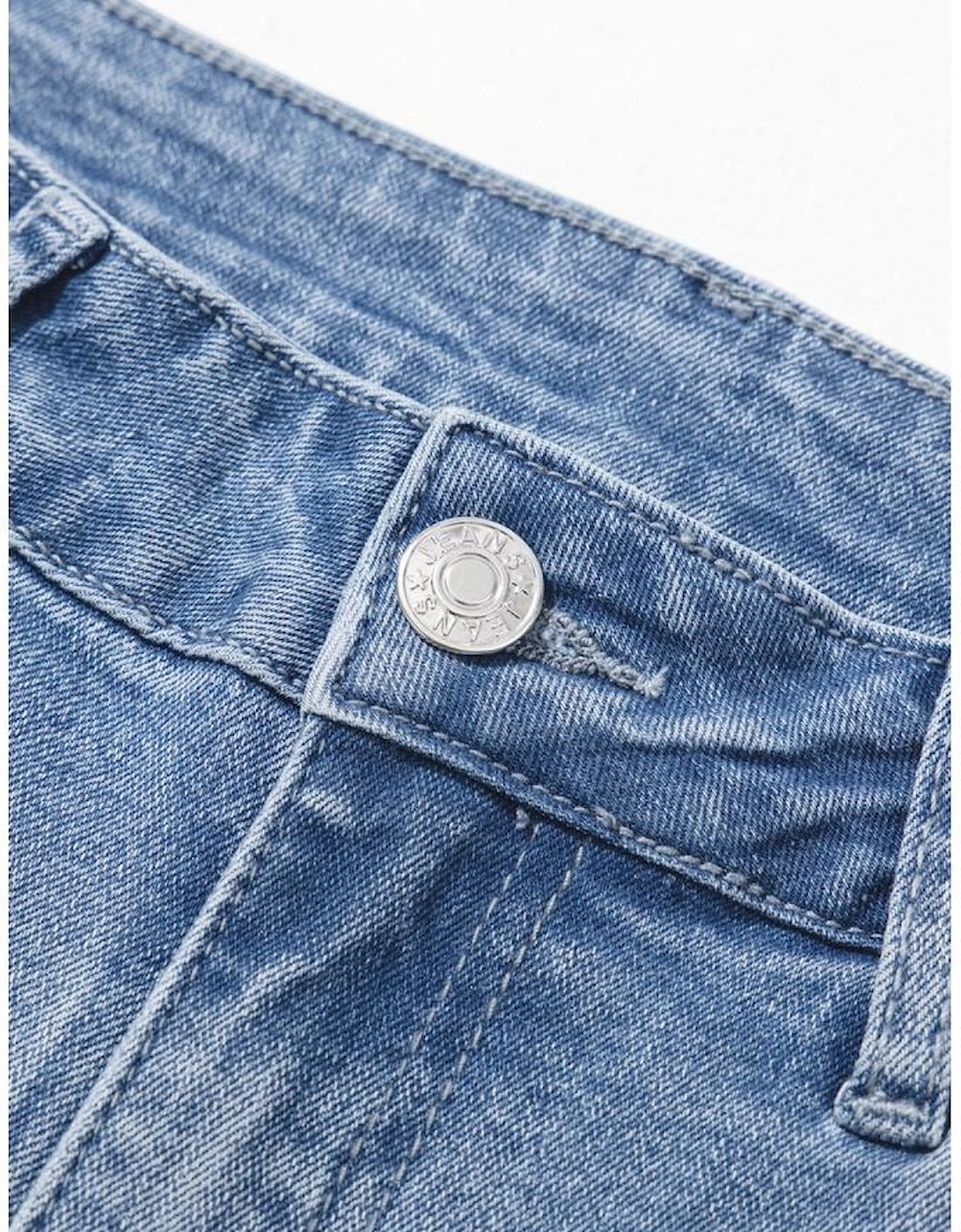 Beau Blue Vintage Stitching Raw Hem Flared Jeans