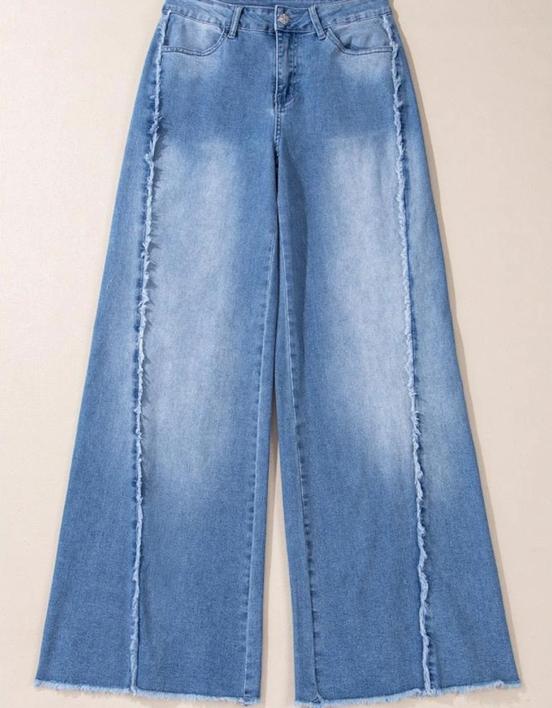 Beau Blue Vintage Stitching Raw Hem Flared Jeans