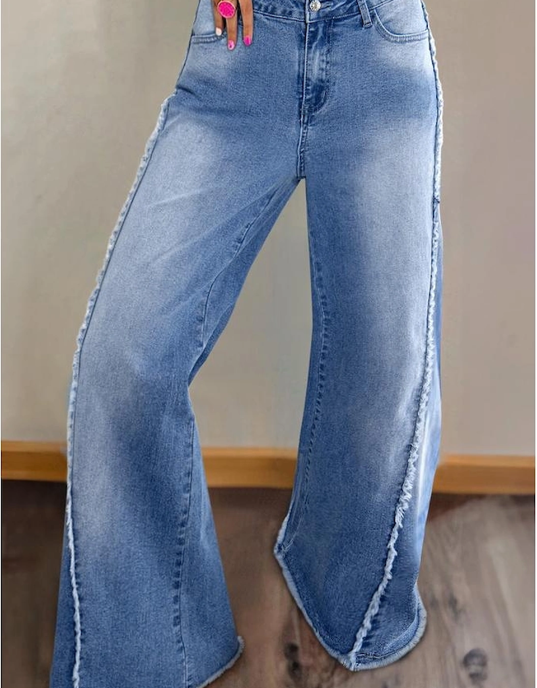 Beau Blue Vintage Stitching Raw Hem Flared Jeans