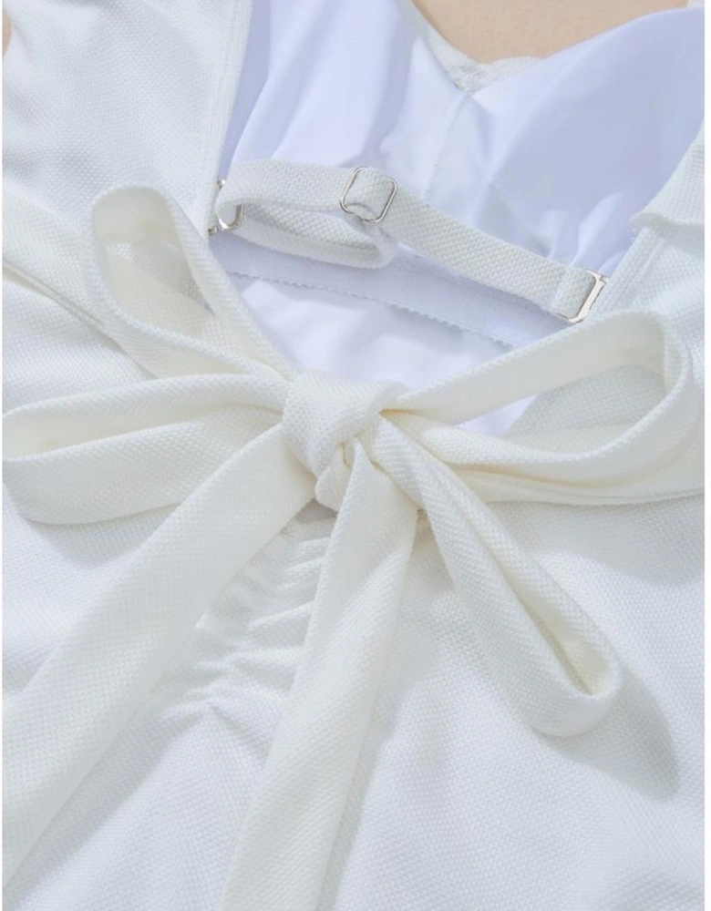 White Asymmetric Ruffle Trim Tie Waist One Piece Swimsuit