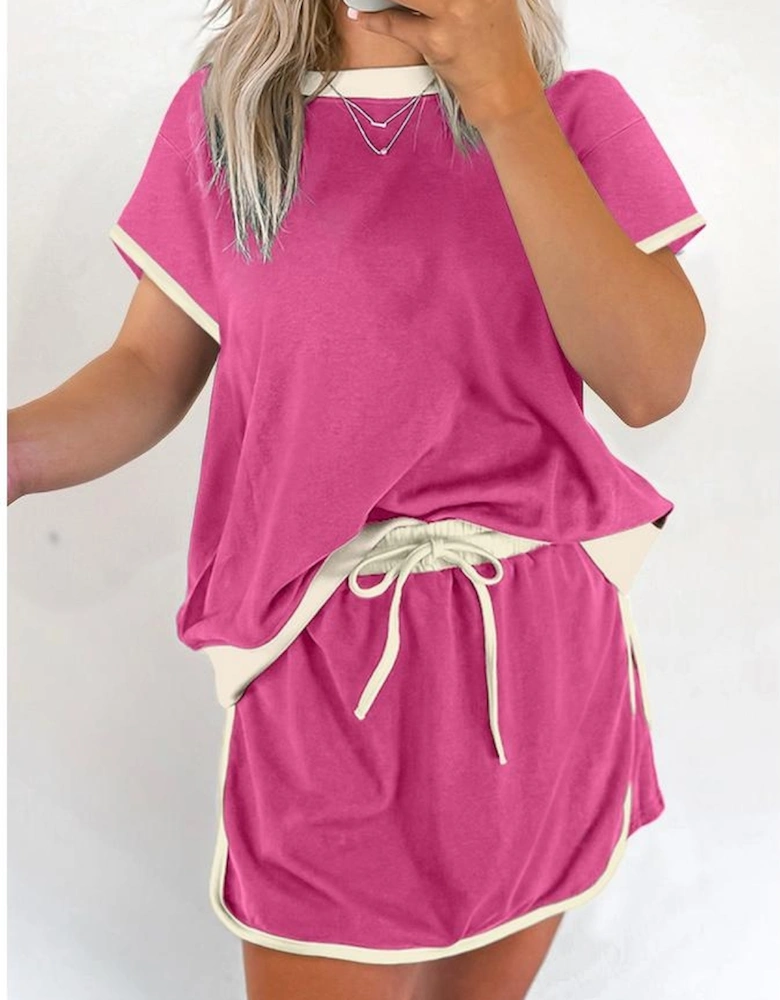Rose Red Colorblock Edge Drop Shoulder T Shirt and Skort 2Pcs Set