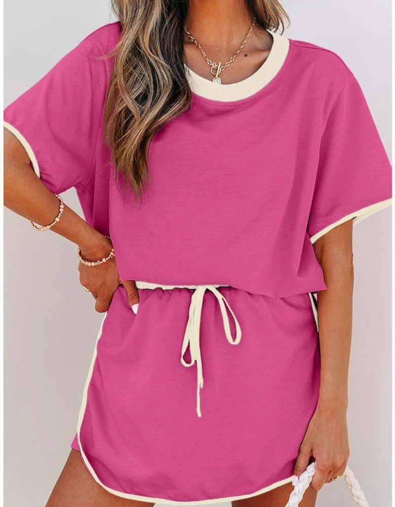 Rose Red Colorblock Edge Drop Shoulder T Shirt and Skort 2Pcs Set