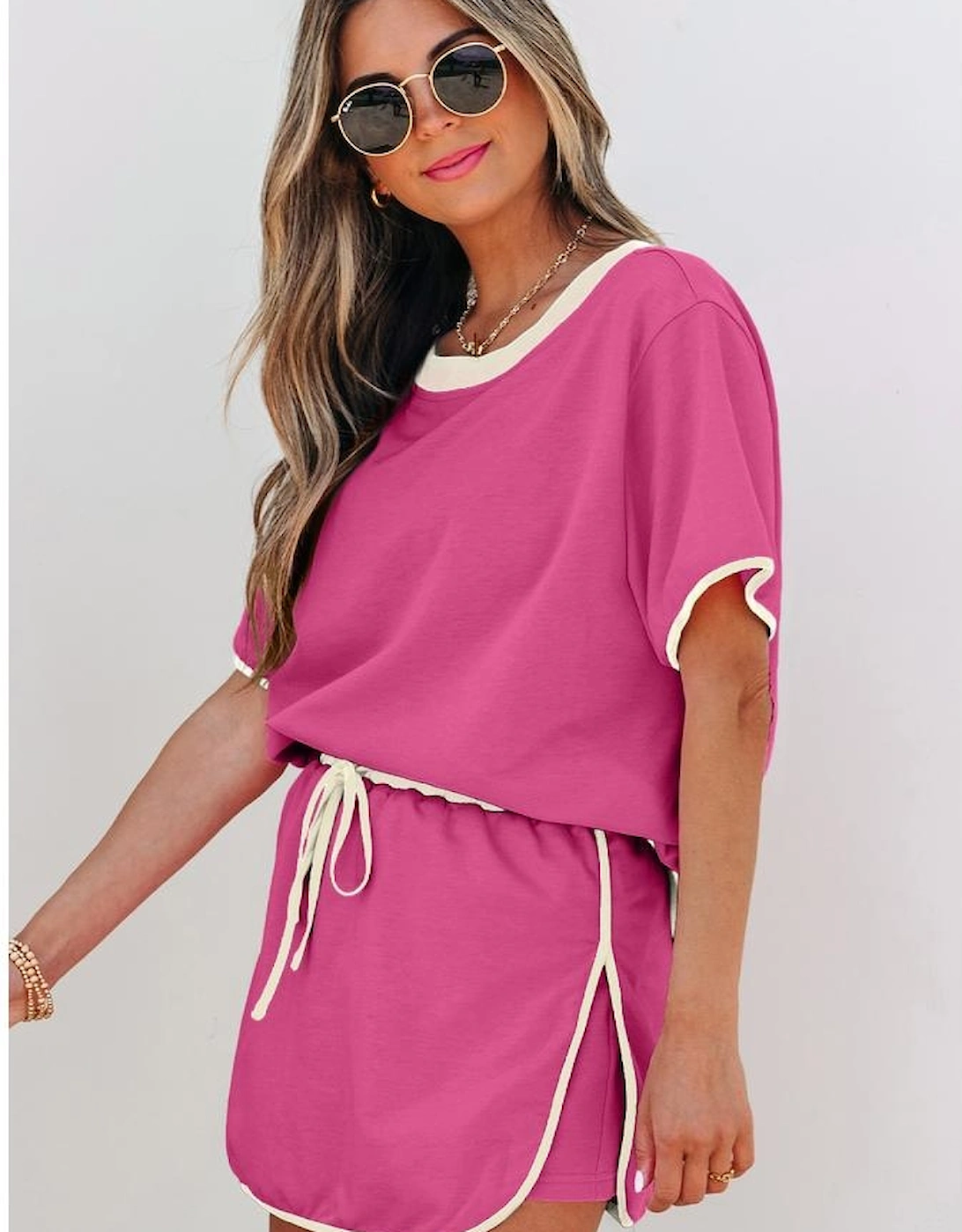 Rose Red Colorblock Edge Drop Shoulder T Shirt and Skort 2Pcs Set