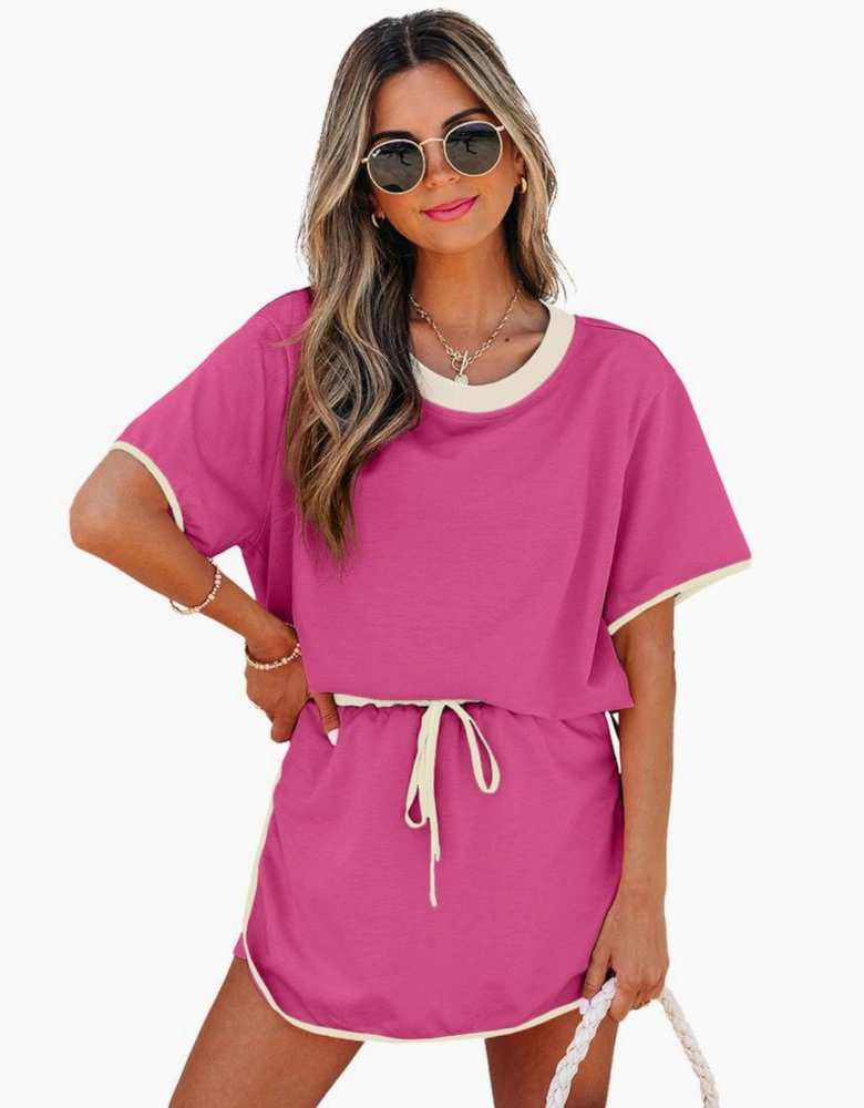 Rose Red Colorblock Edge Drop Shoulder T Shirt and Skort 2Pcs Set