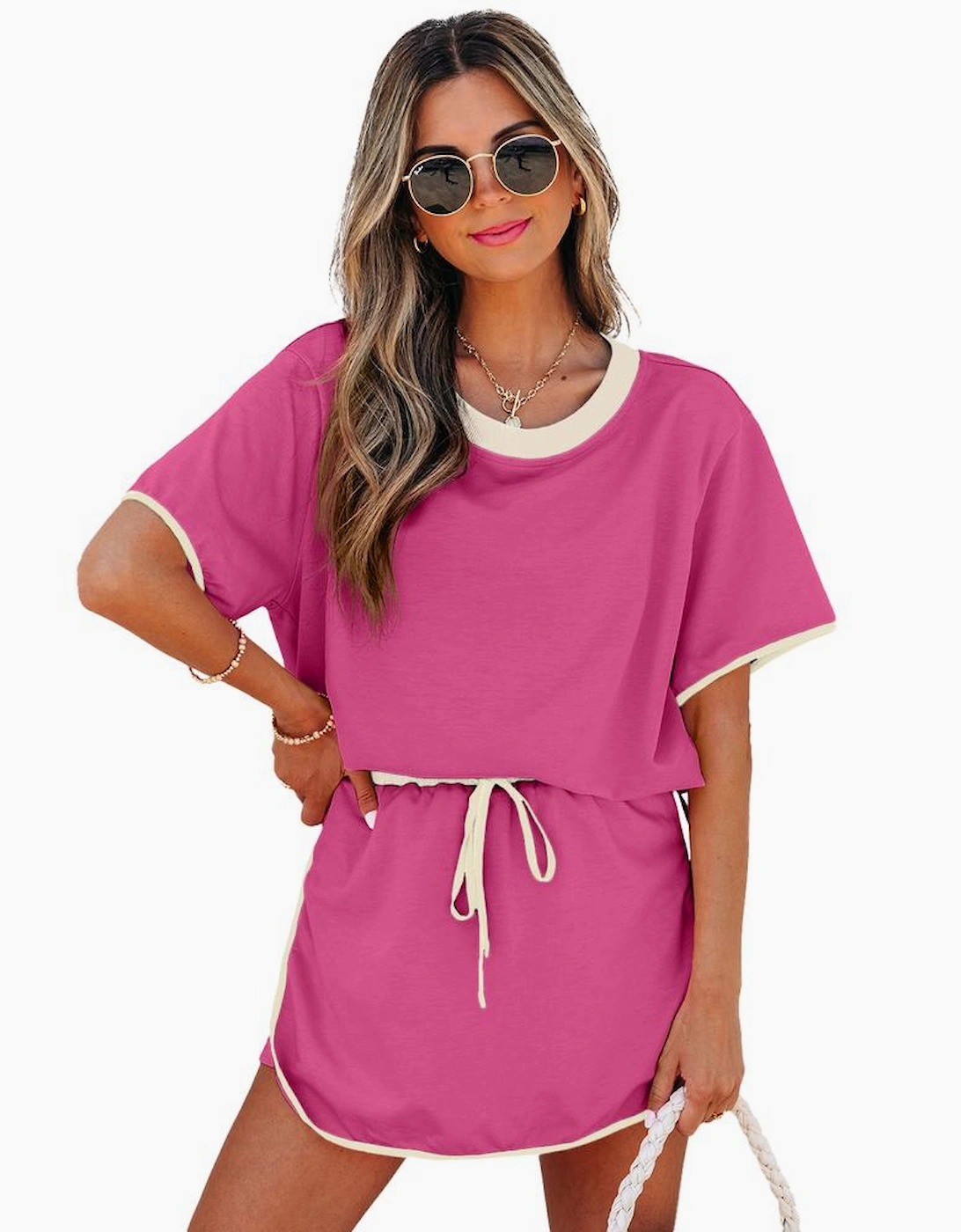 Rose Red Colorblock Edge Drop Shoulder T Shirt and Skort 2Pcs Set